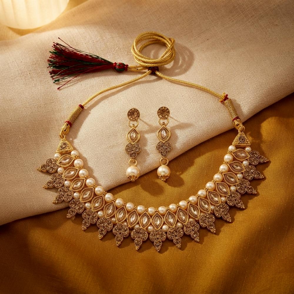 The99Jewel Traditional Pota Stone Austrian Stone & Pearl Necklace Set for Women 