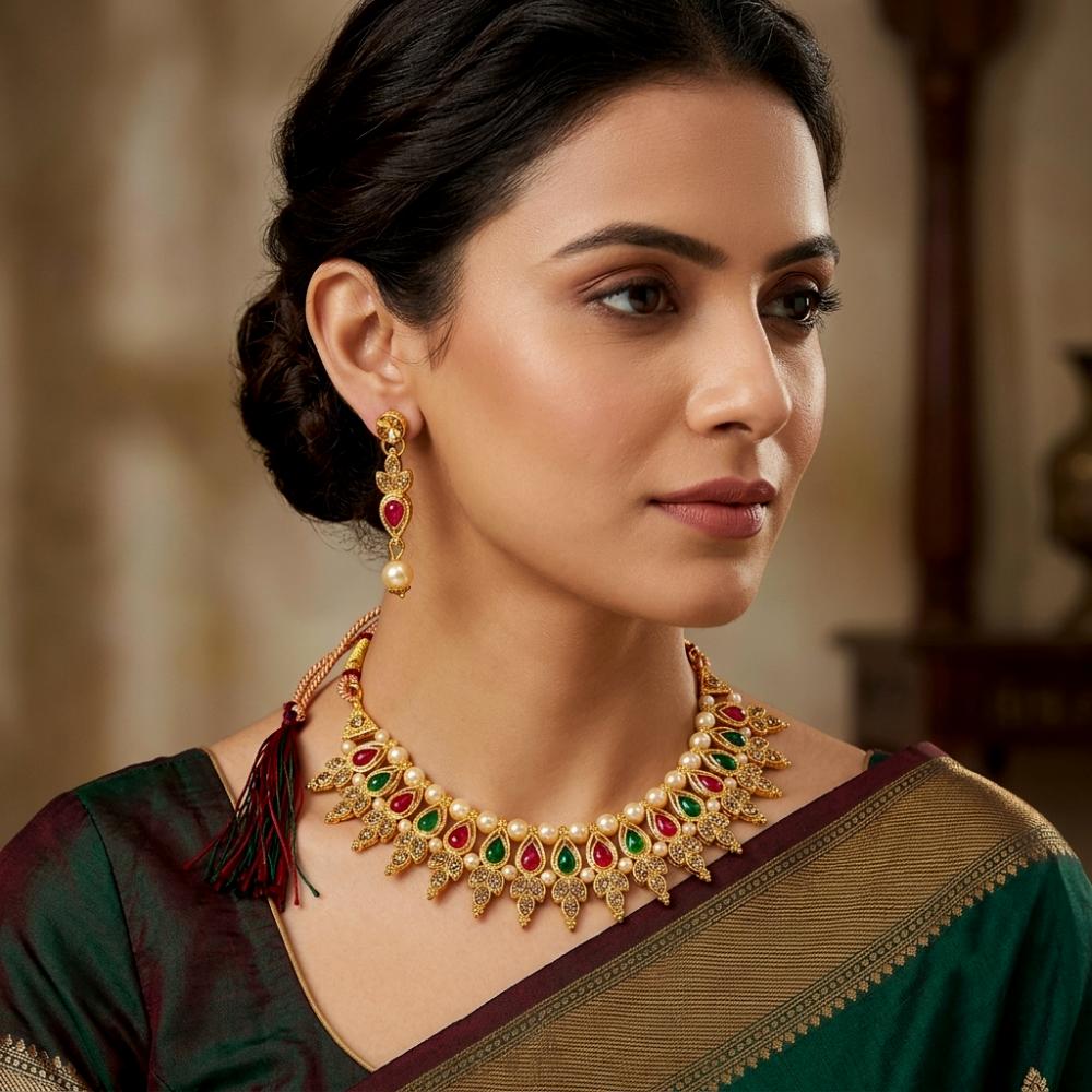 The99Jewel Traditional Pota Stone Austrian Stone & Pearl Necklace Set for Women