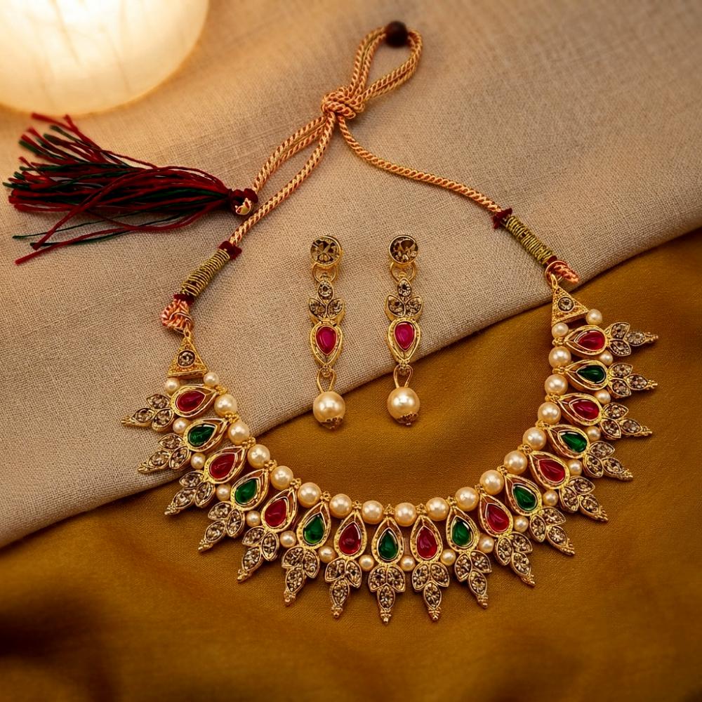 The99Jewel Traditional Pota Stone Austrian Stone & Pearl Necklace Set for Women 