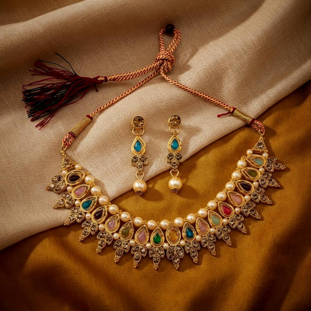 The99Jewel Traditional Pota Stone Austrian Stone & Pearl Necklace Set for Women 