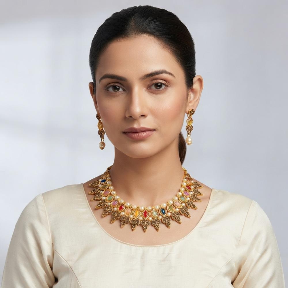 The99Jewel Fashion Austrian Stone Pota Stone Pearl Necklace Set for Women 