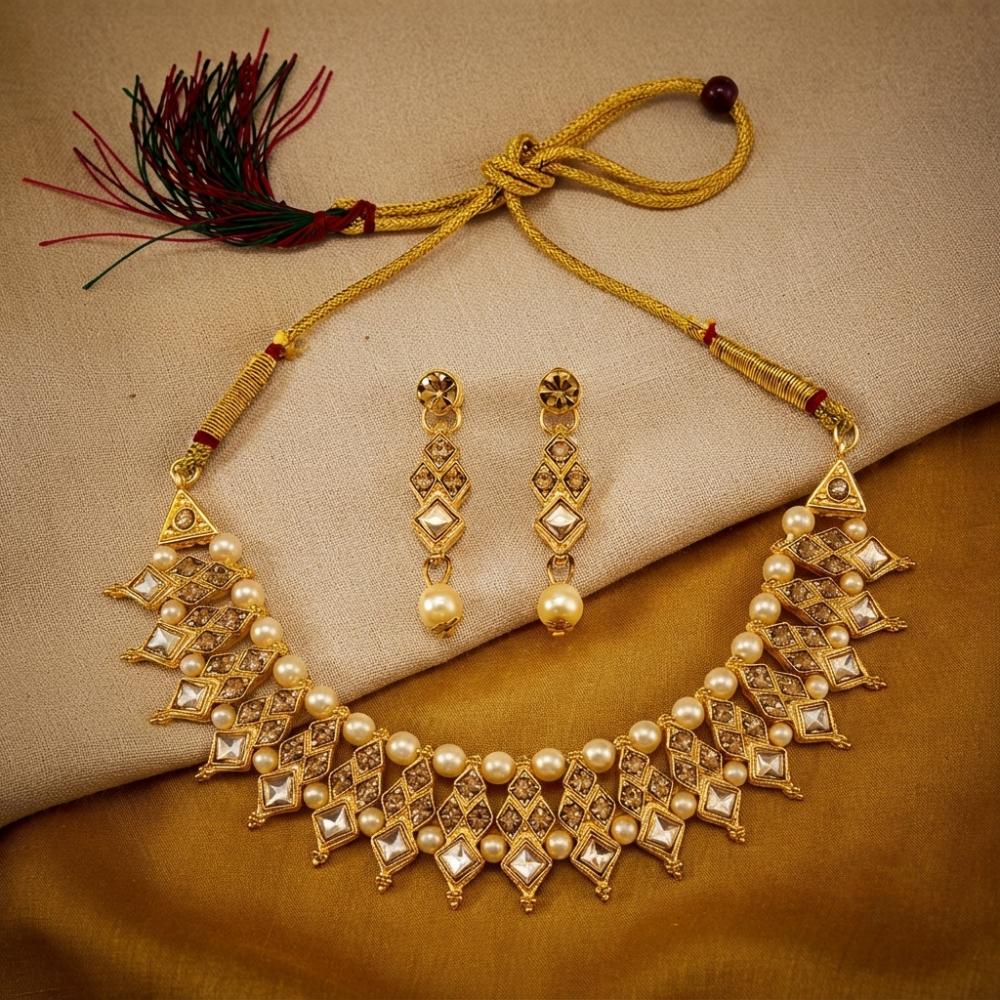 The99Jewel Elegant Pota Stone Austrian Stone & Pearl Necklace Set for Women 