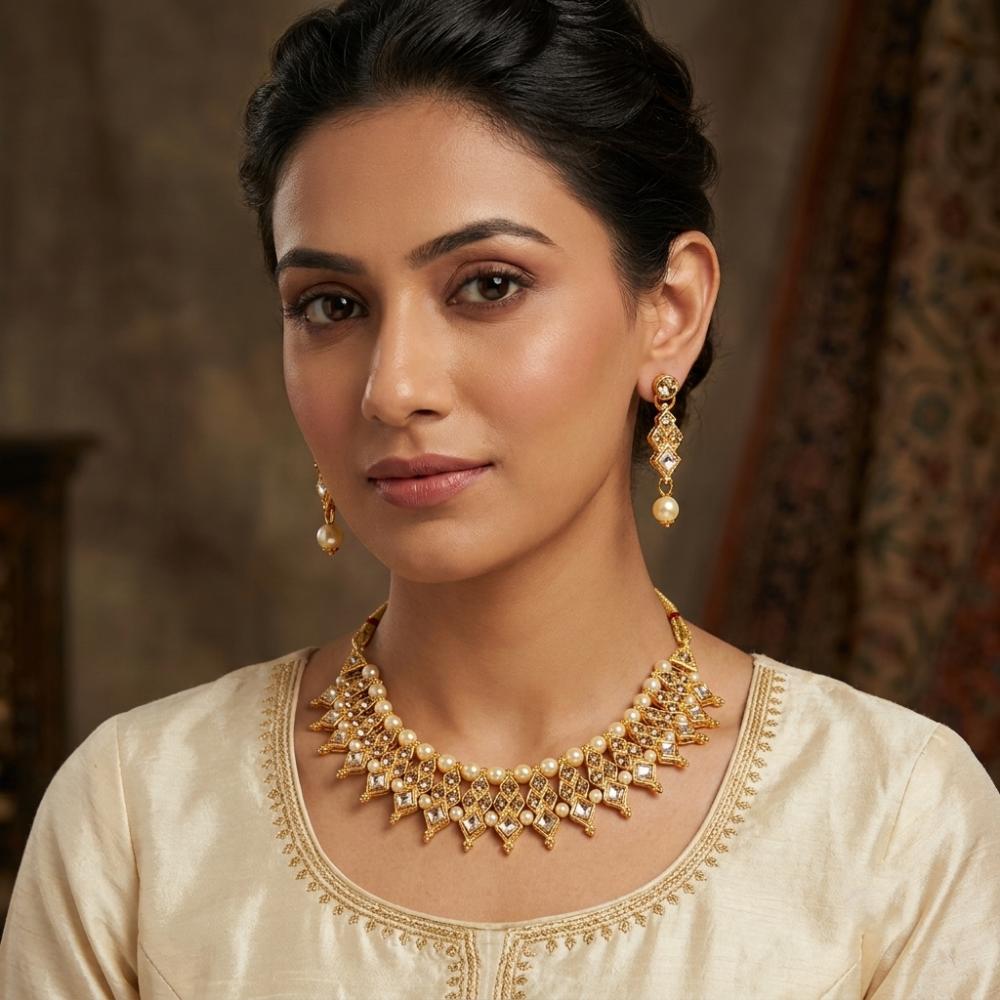 The99Jewel Elegant Pota Stone Austrian Stone & Pearl Necklace Set for Women