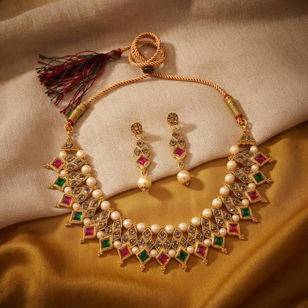 The99Jewel Elegant Pota Stone Austrian Stone & Pearl Necklace Set for Women 