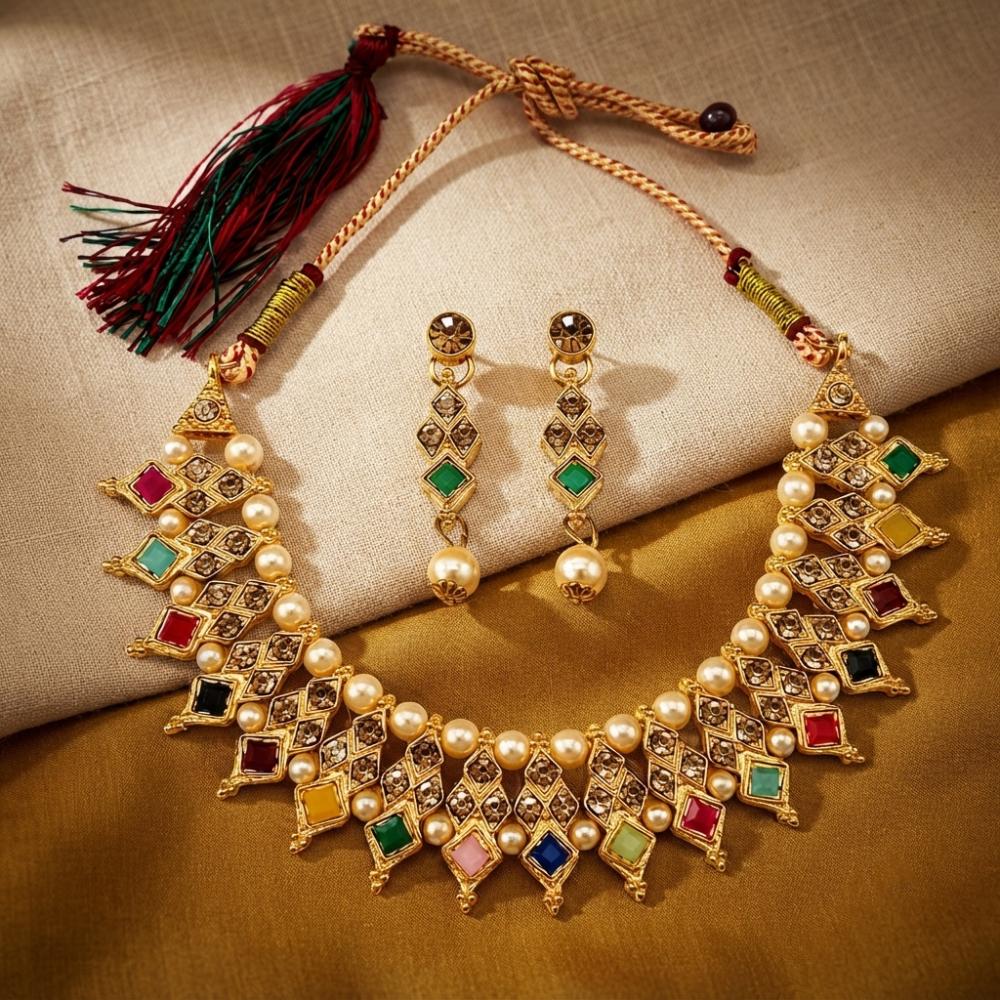 The99Jewel Elegant Pota Stone Austrian Stone & Pearl Necklace Set for Women 