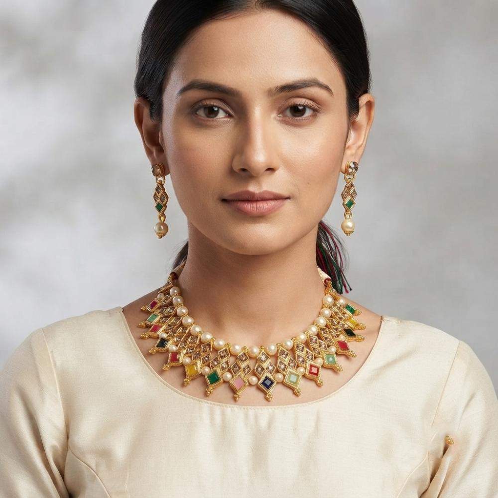 The99Jewel Elegant Pota Stone Austrian Stone & Pearl Necklace Set for Women