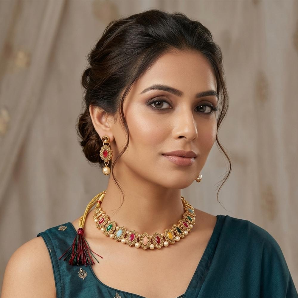 The99Jewel Designer Austrian Stone Pota Stone & Pearl Necklace Set for Women