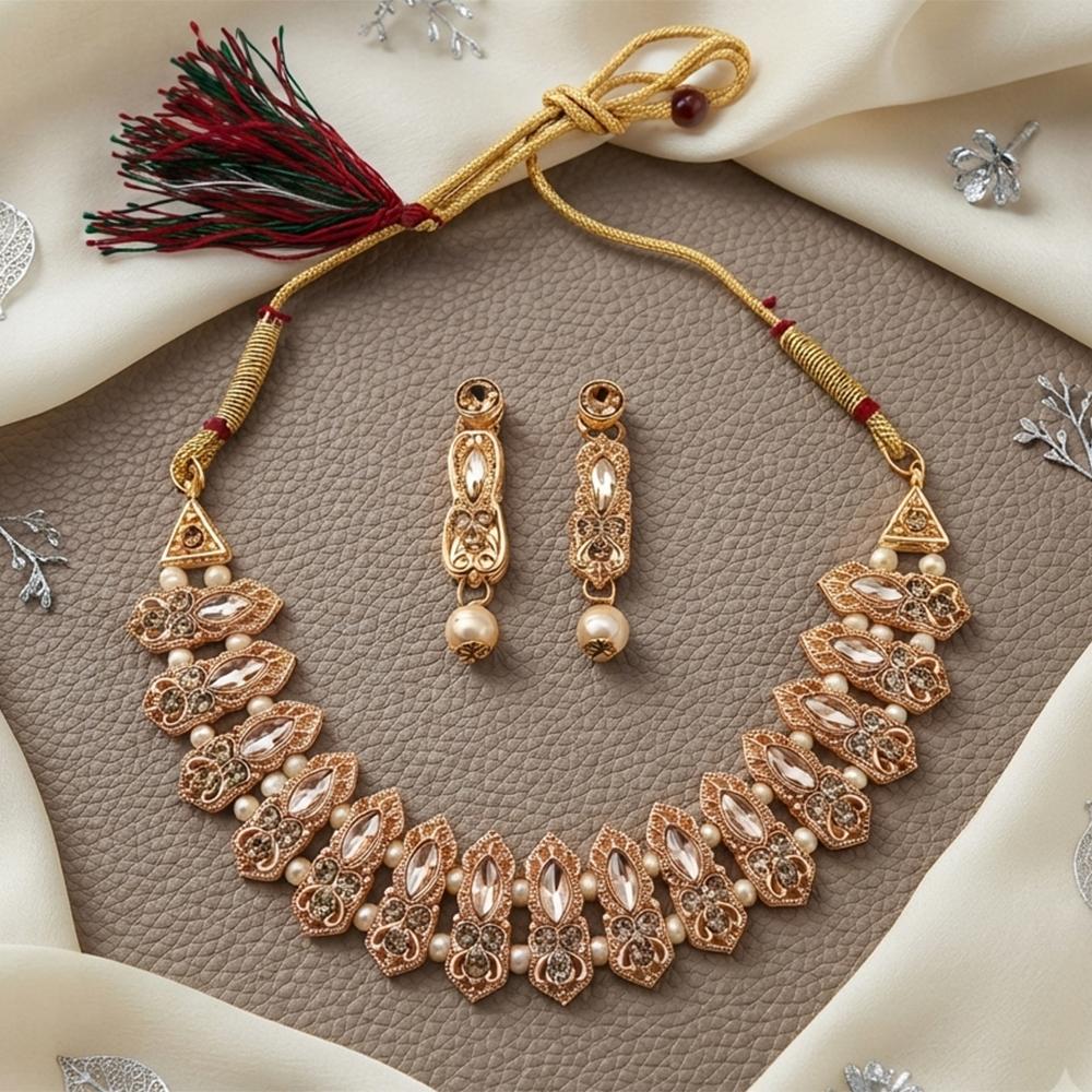 The99Jewel Traditional Pota Stone Austrian Stone & Pearl Necklace Set for Women