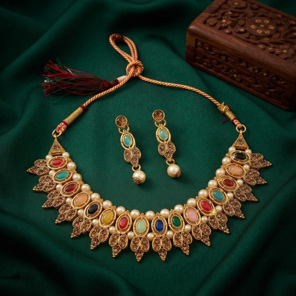 The99Jewel Designer Austrian Stone Pota Stone & Pearl Necklace Set for Women