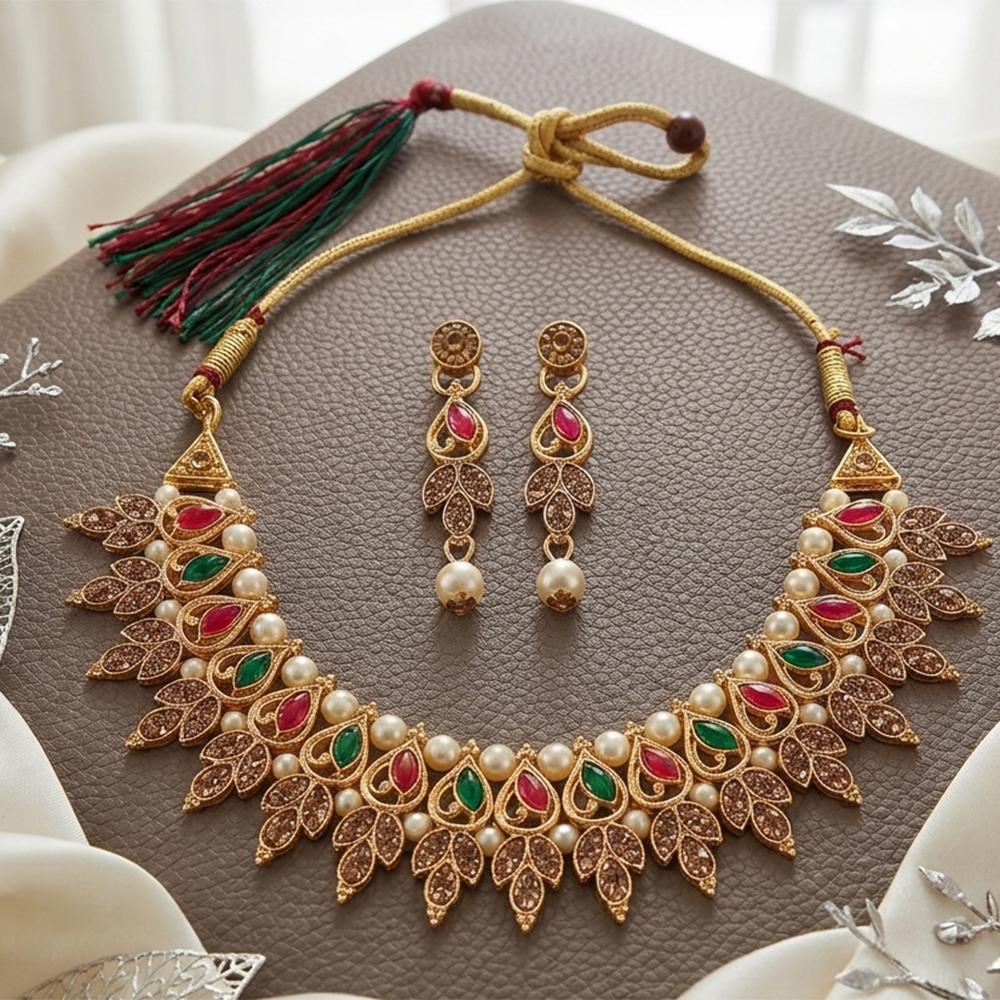 The99Jewel Traditional Pota Stone Austrian Stone & Pearl Necklace Set for Women