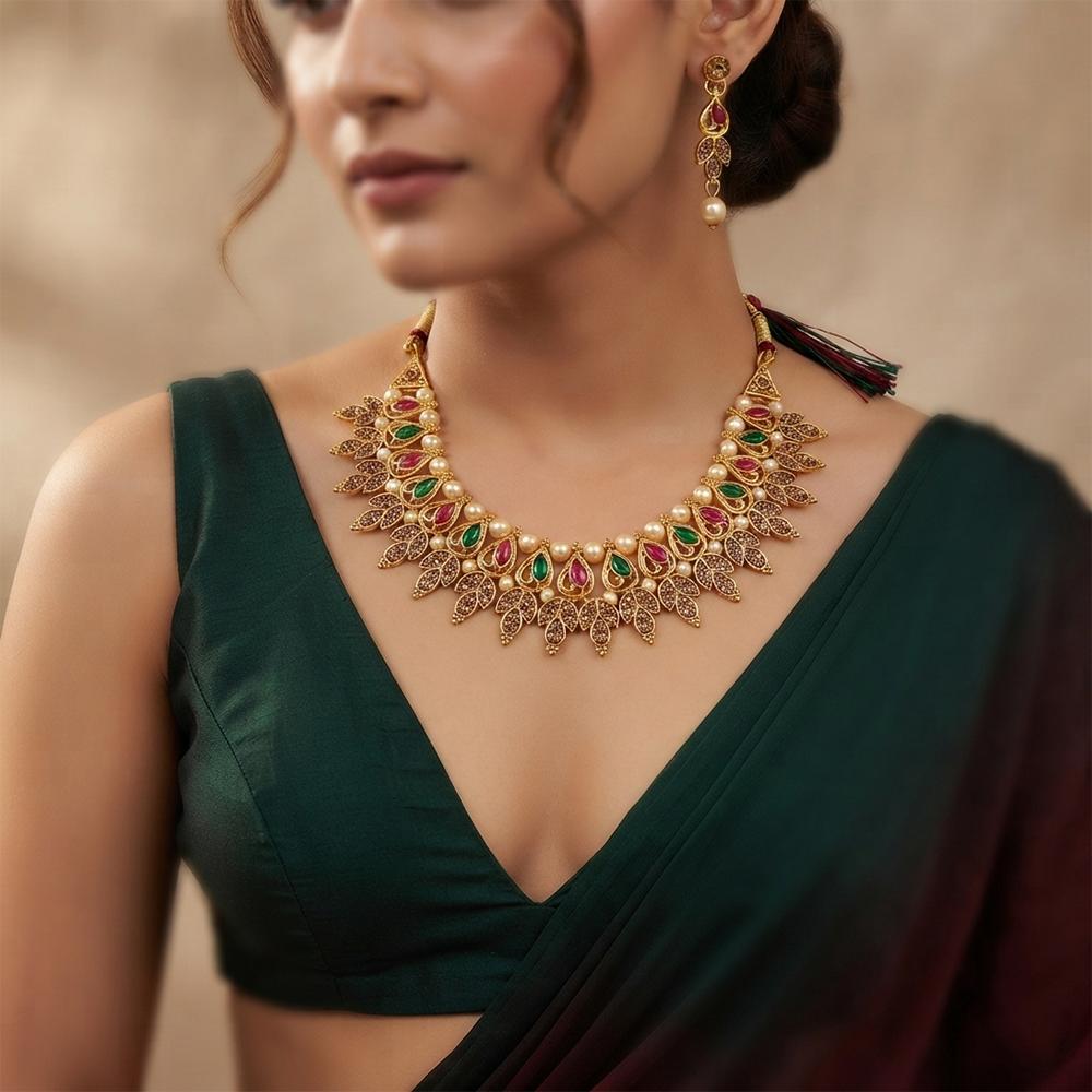 The99Jewel Traditional Pota Stone Austrian Stone & Pearl Necklace Set for Women 