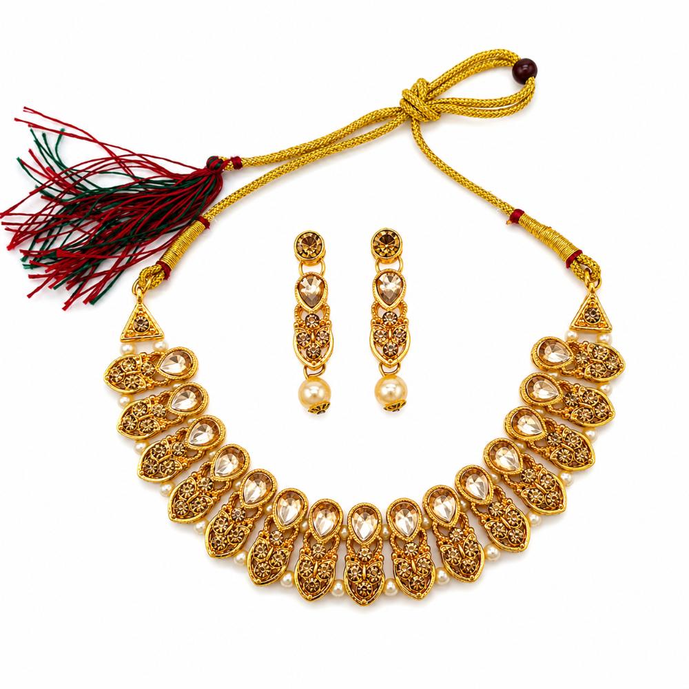 The99Jewel Elegant Pota Stone Austrian Stone & Pearl Necklace Set for Women