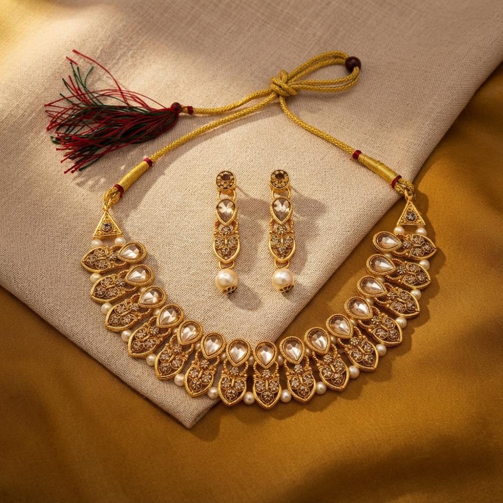 The99Jewel Elegant Pota Stone Austrian Stone & Pearl Necklace Set for Women