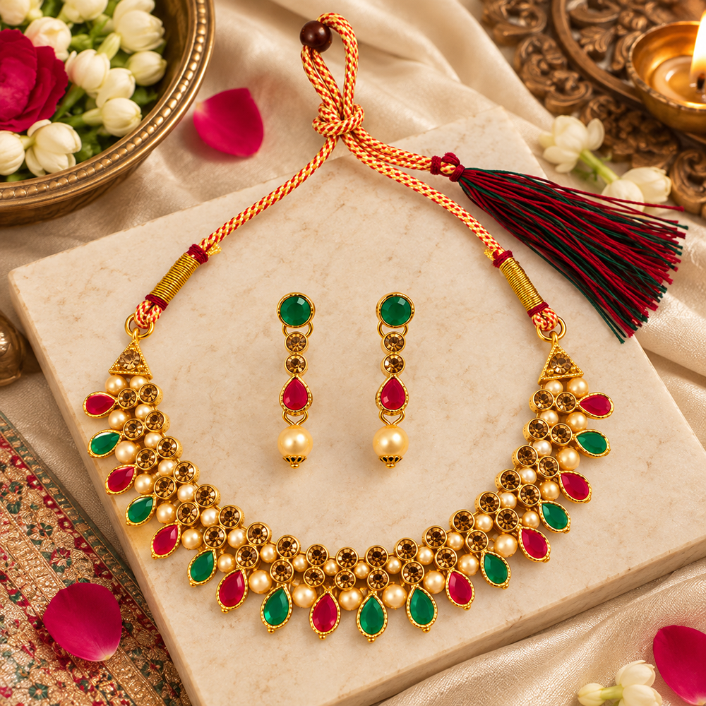 The99Jewel Gold Plated Pearl & Crystal Necklace Set for Women Traditional Jewellery 