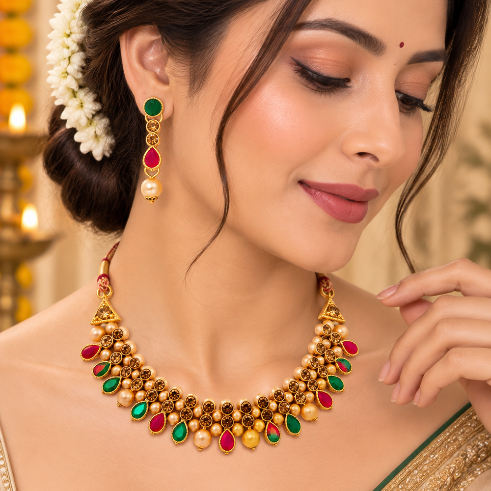 The99Jewel Gold Plated Pearl & Crystal Necklace Set for Women Traditional Jewellery