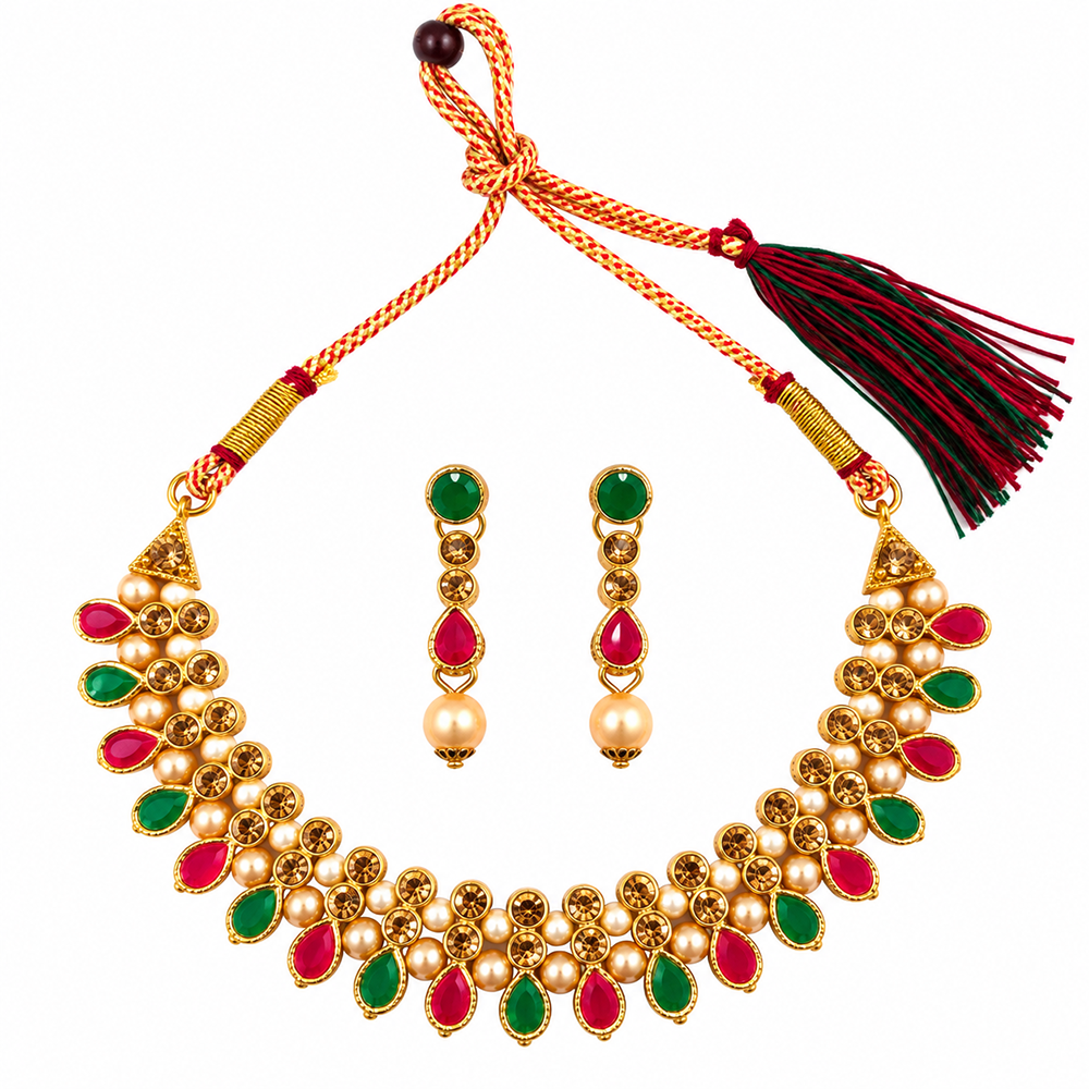 The99Jewel Gold Plated Pearl & Crystal Necklace Set for Women Traditional Jewellery