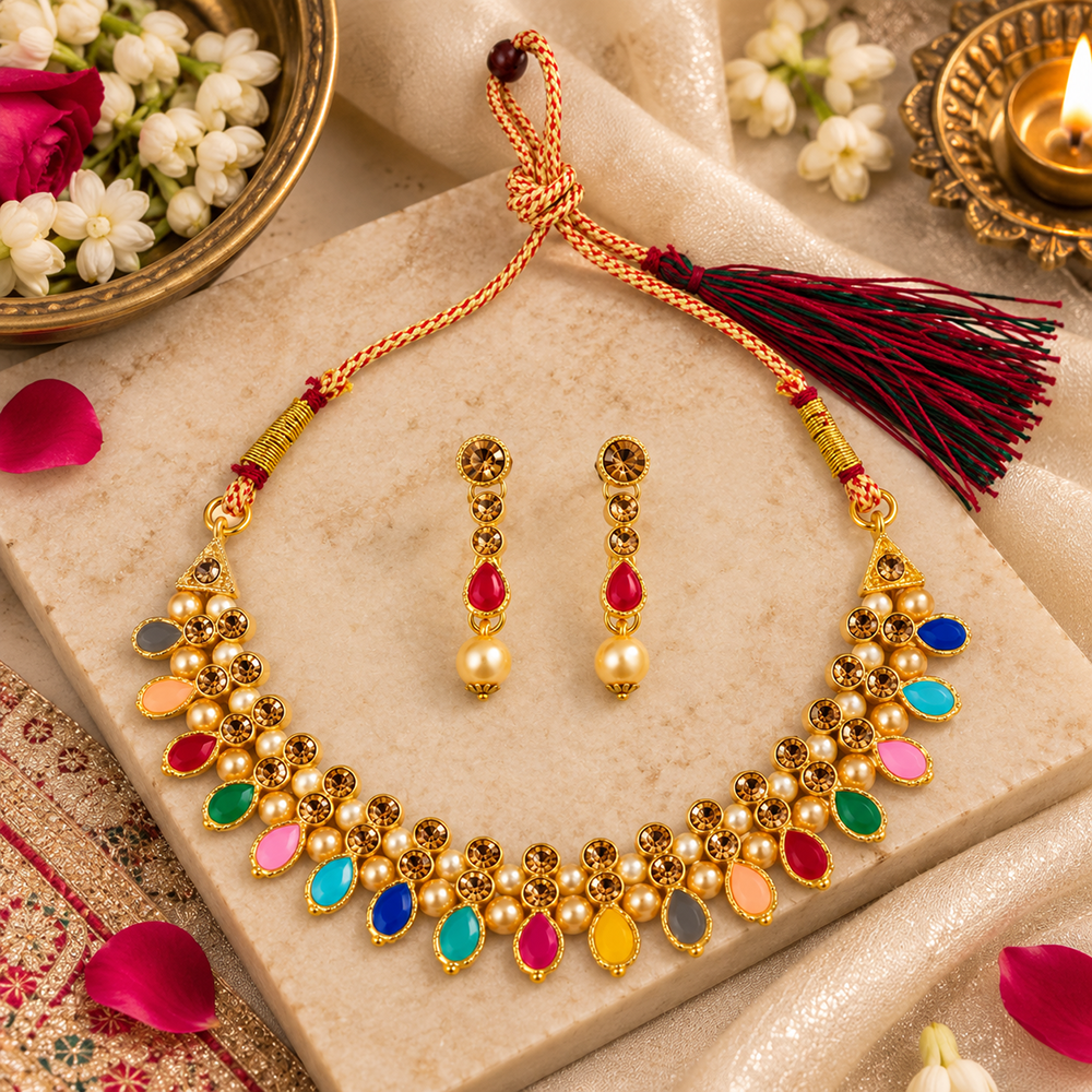 The99Jewel Gold Plated Pearl & Crystal Necklace Set for Women Traditional Jewellery