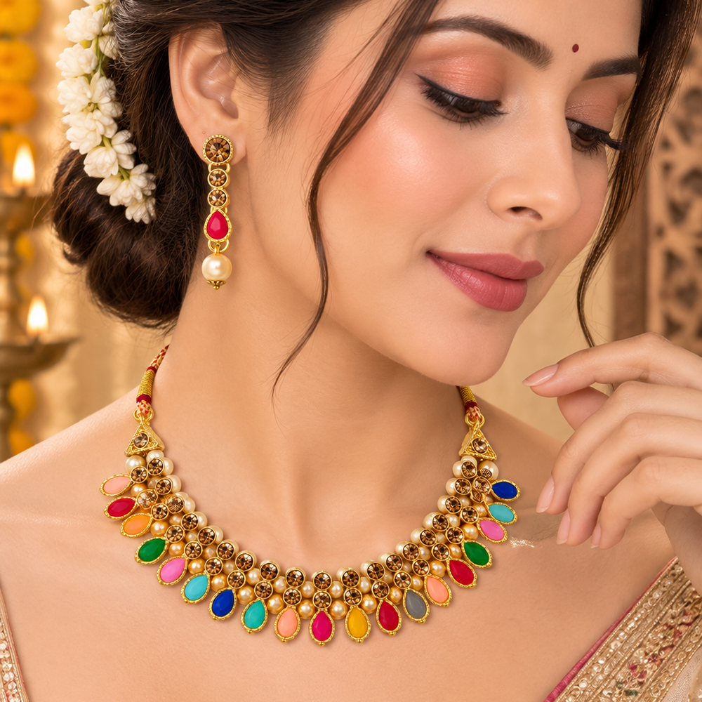 The99Jewel Gold Plated Pearl & Crystal Necklace Set for Women Traditional Jewellery 