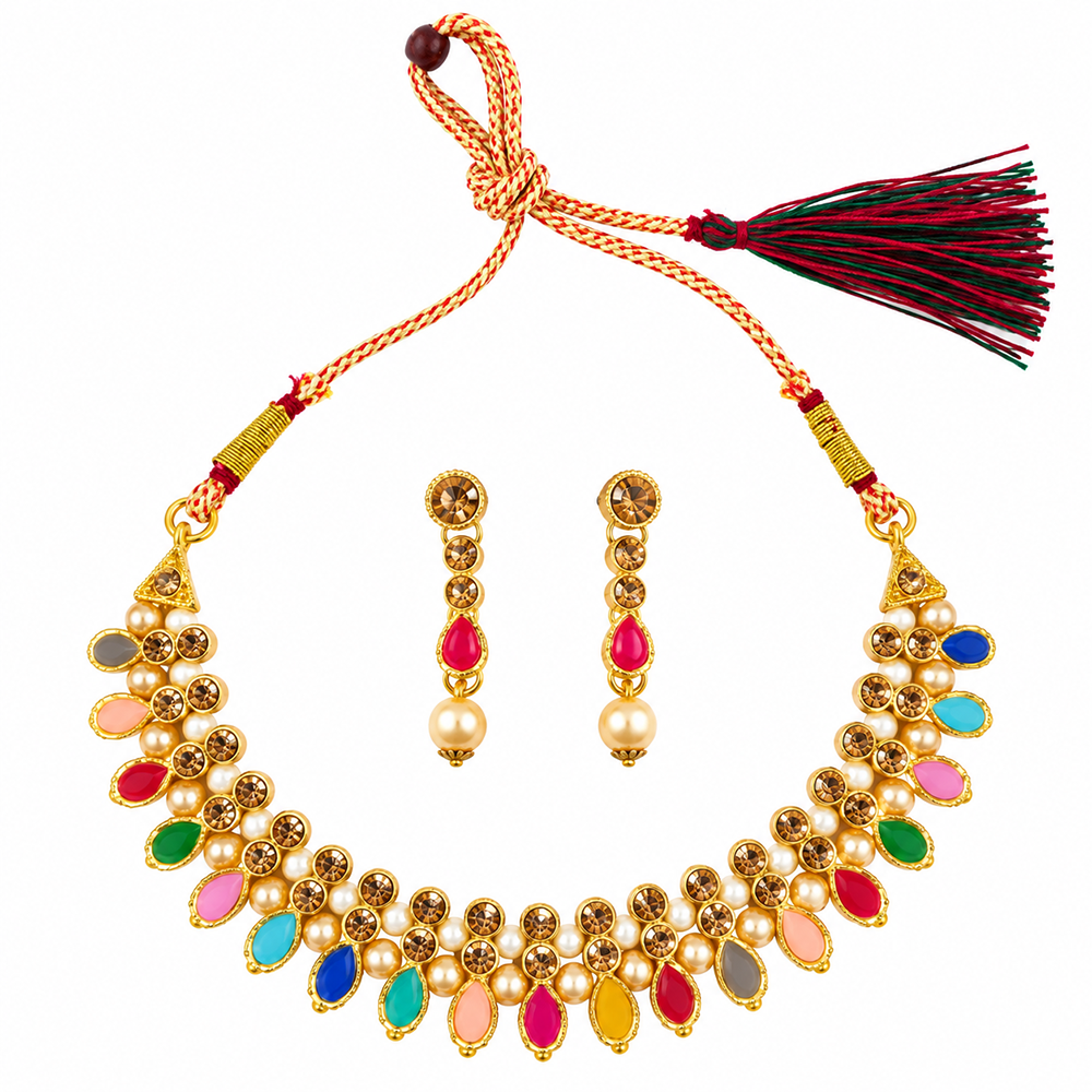 The99Jewel Gold Plated Pearl & Crystal Necklace Set for Women Traditional Jewellery