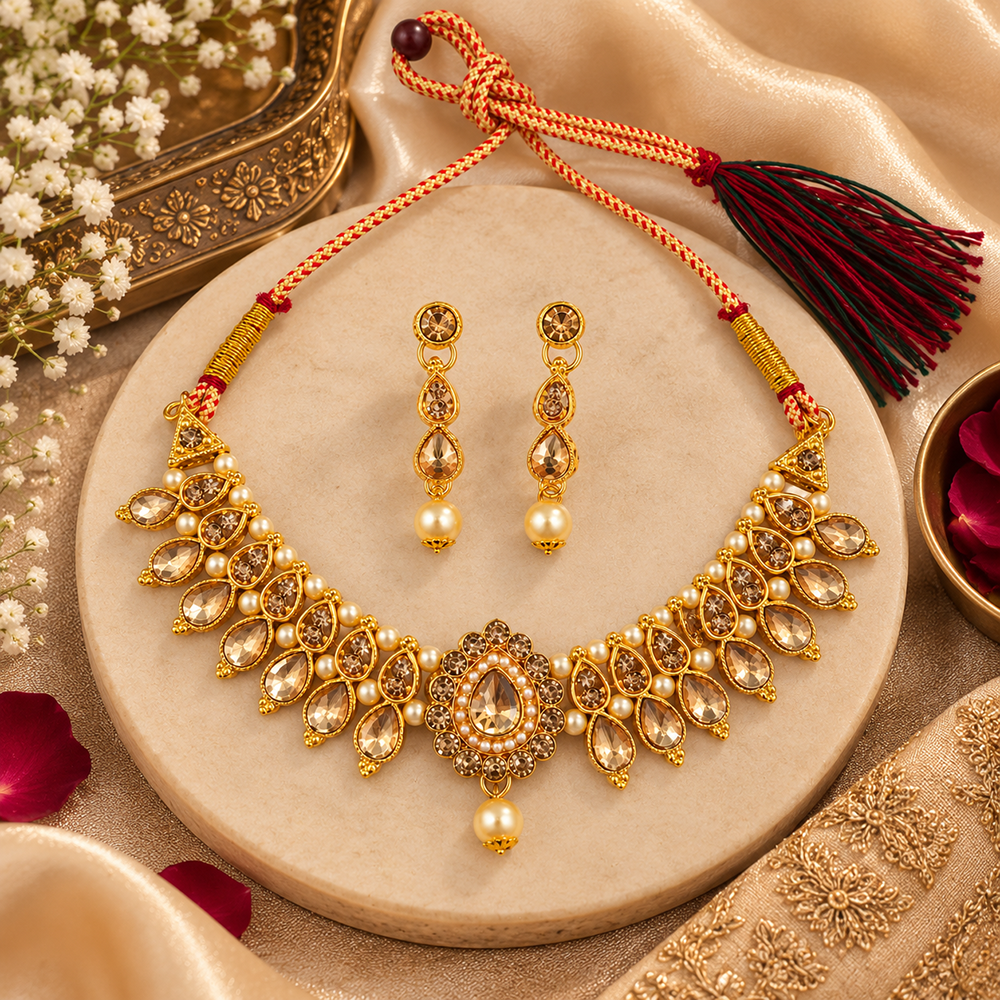 The99Jewel Gold Plated Pearl & Crystal Necklace Set for Women Traditional Jewellery 