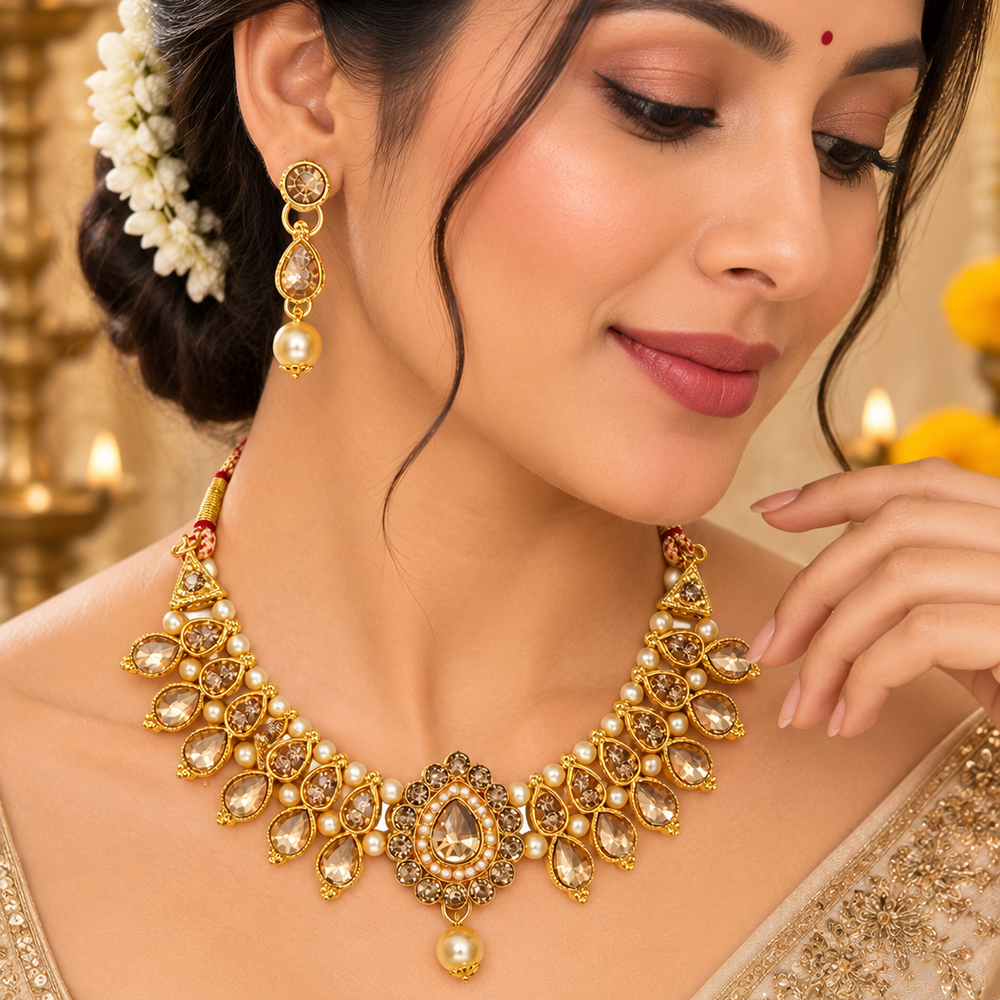 The99Jewel Gold Plated Pearl & Crystal Necklace Set for Women Traditional Jewellery