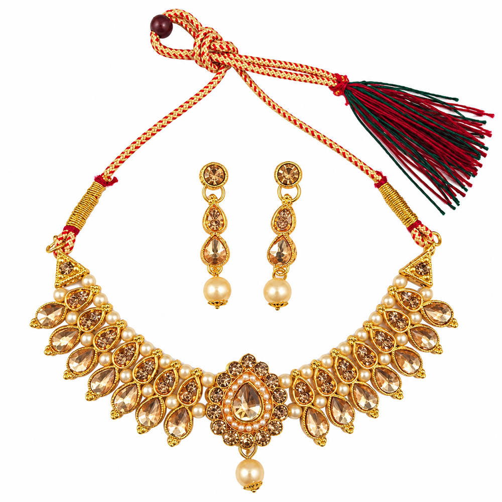 The99Jewel Gold Plated Pearl & Crystal Necklace Set for Women Traditional Jewellery