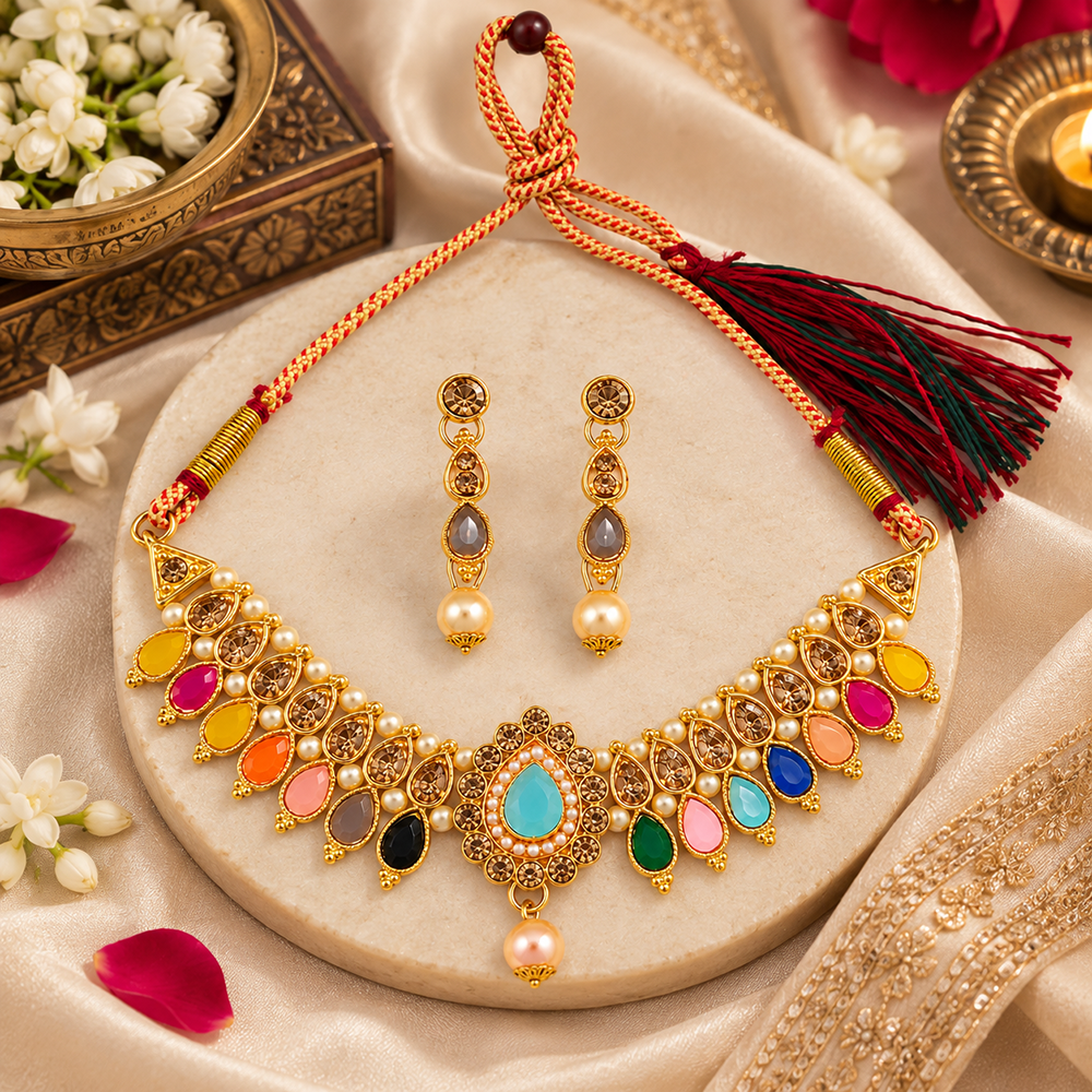 The99Jewel Gold Plated Pearl & Crystal Necklace Set for Women Traditional Jewellery 