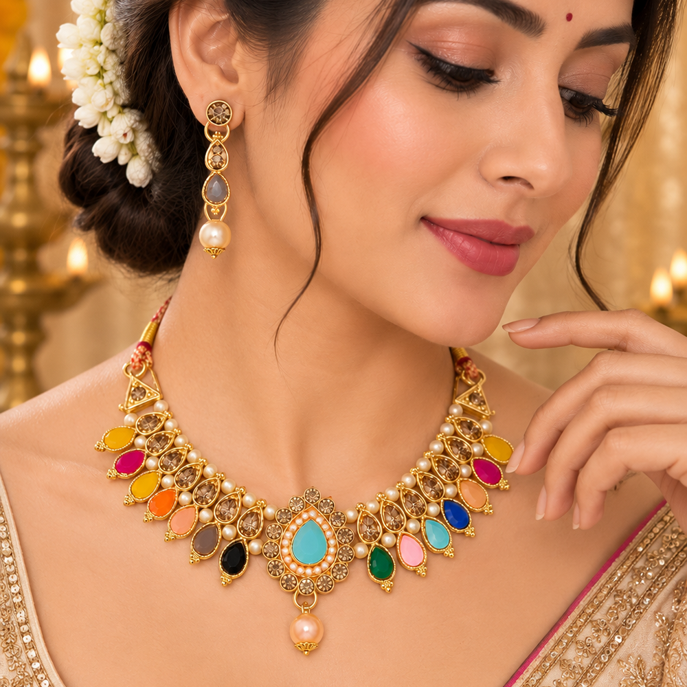 The99Jewel Gold Plated Pearl & Crystal Necklace Set for Women Traditional Jewellery