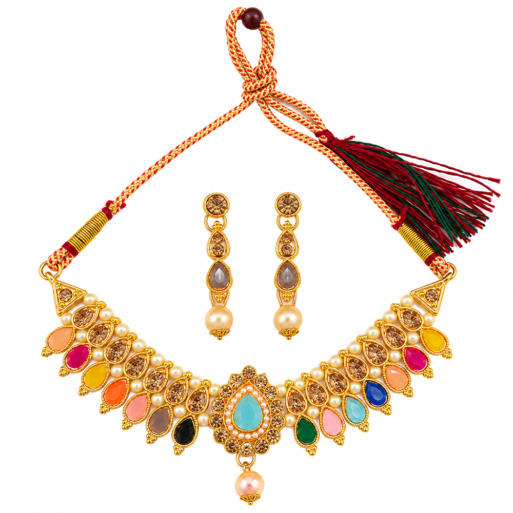The99Jewel Gold Plated Pearl & Crystal Necklace Set for Women Traditional Jewellery