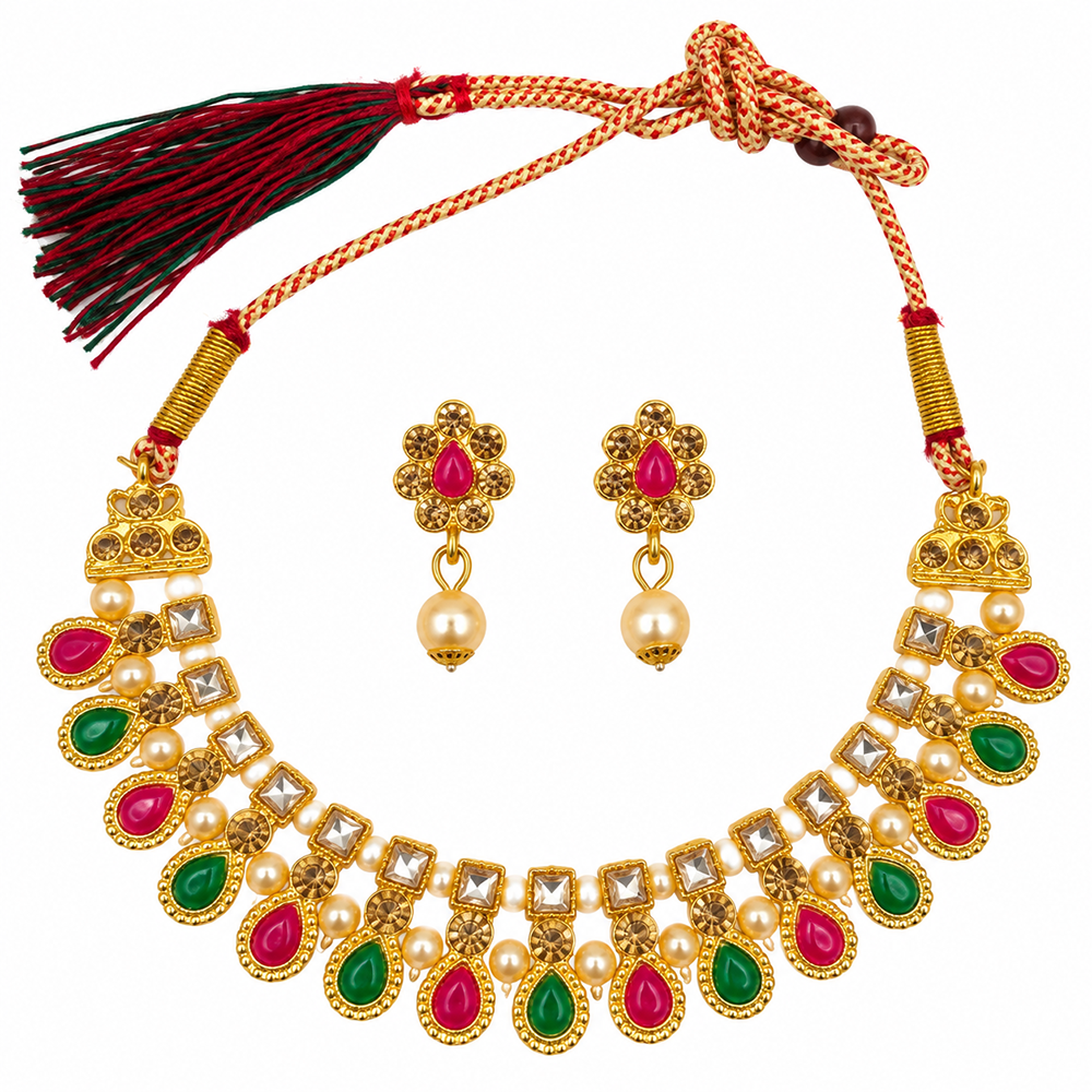 The99Jewel Gold Plated Pearl & Crystal Necklace Set for Women Traditional Jewellery