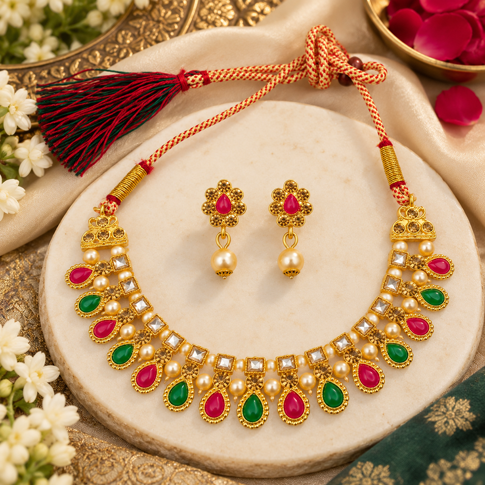 The99Jewel Gold Plated Pearl & Crystal Necklace Set for Women Traditional Jewellery 