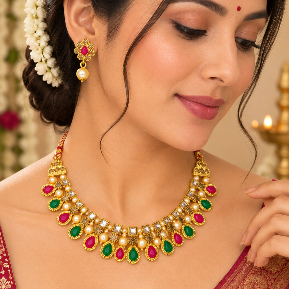 The99Jewel Gold Plated Pearl & Crystal Necklace Set for Women Traditional Jewellery