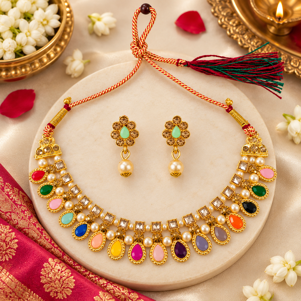 The99Jewel Gold Plated Pearl & Crystal Necklace Set for Women Traditional Jewellery 