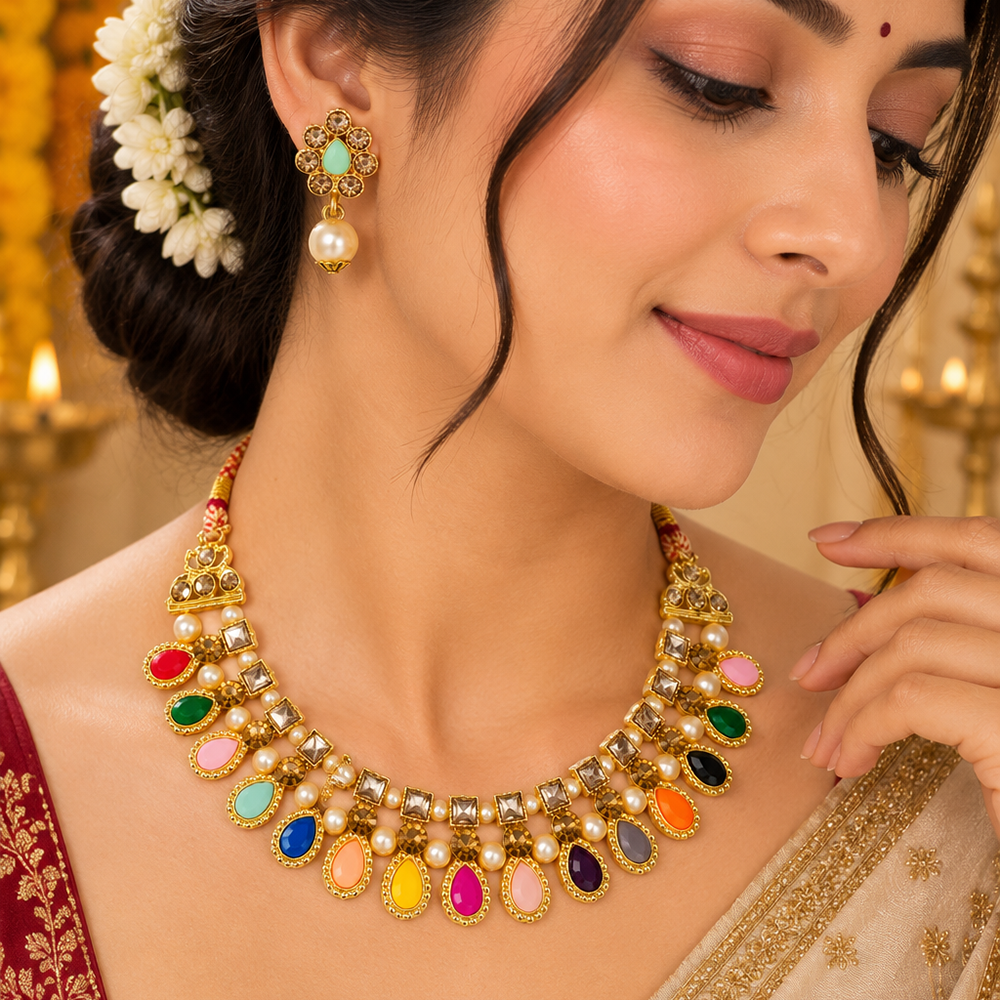 The99Jewel Gold Plated Pearl & Crystal Necklace Set for Women Traditional Jewellery