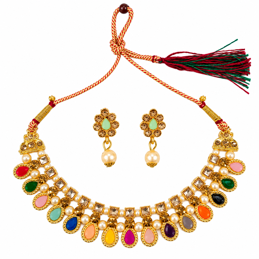 The99Jewel Gold Plated Pearl & Crystal Necklace Set for Women Traditional Jewellery