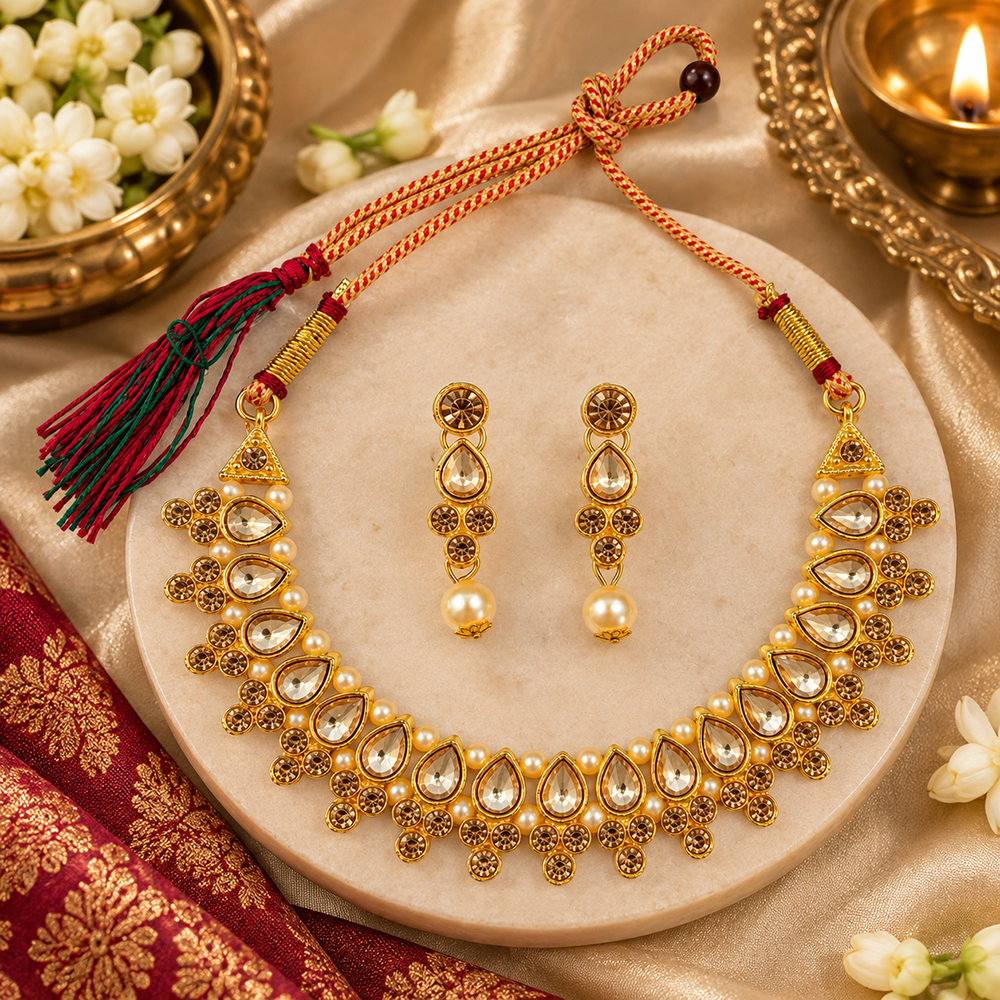 The99Jewel Gold Plated Pearl & Crystal Necklace Set for Women Traditional Jewellery