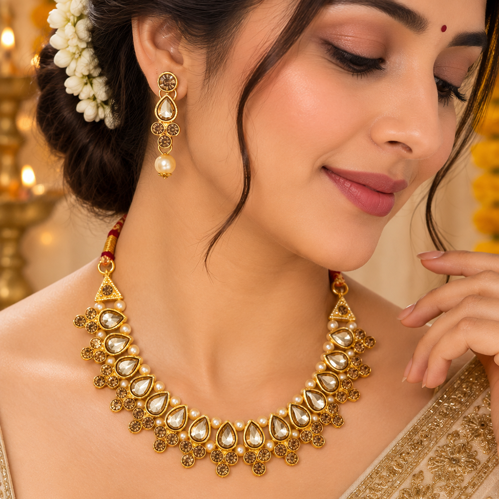 The99Jewel Gold Plated Pearl & Crystal Necklace Set for Women Traditional Jewellery 