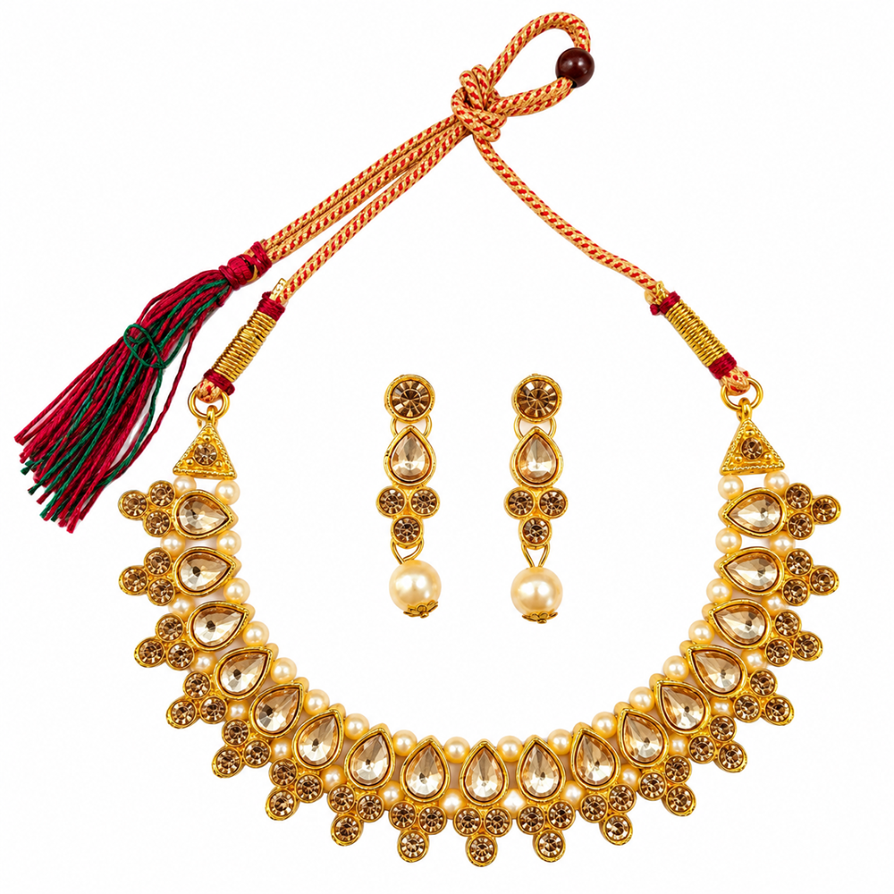 The99Jewel Gold Plated Pearl & Crystal Necklace Set for Women Traditional Jewellery