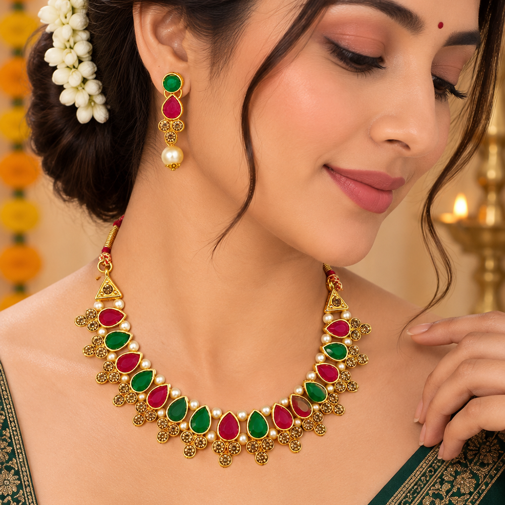 The99Jewel Gold Plated Pearl & Crystal Necklace Set for Women Traditional Jewellery 