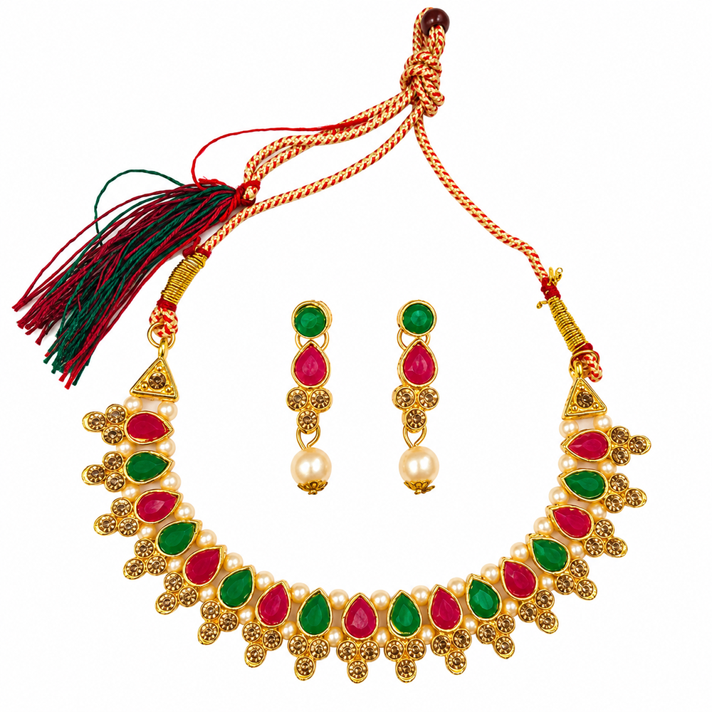 The99Jewel Gold Plated Pearl & Crystal Necklace Set for Women Traditional Jewellery