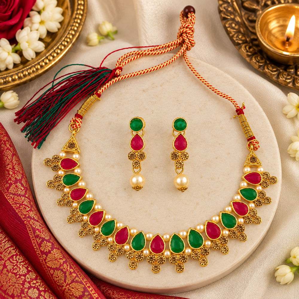 The99Jewel Gold Plated Pearl & Crystal Necklace Set for Women Traditional Jewellery