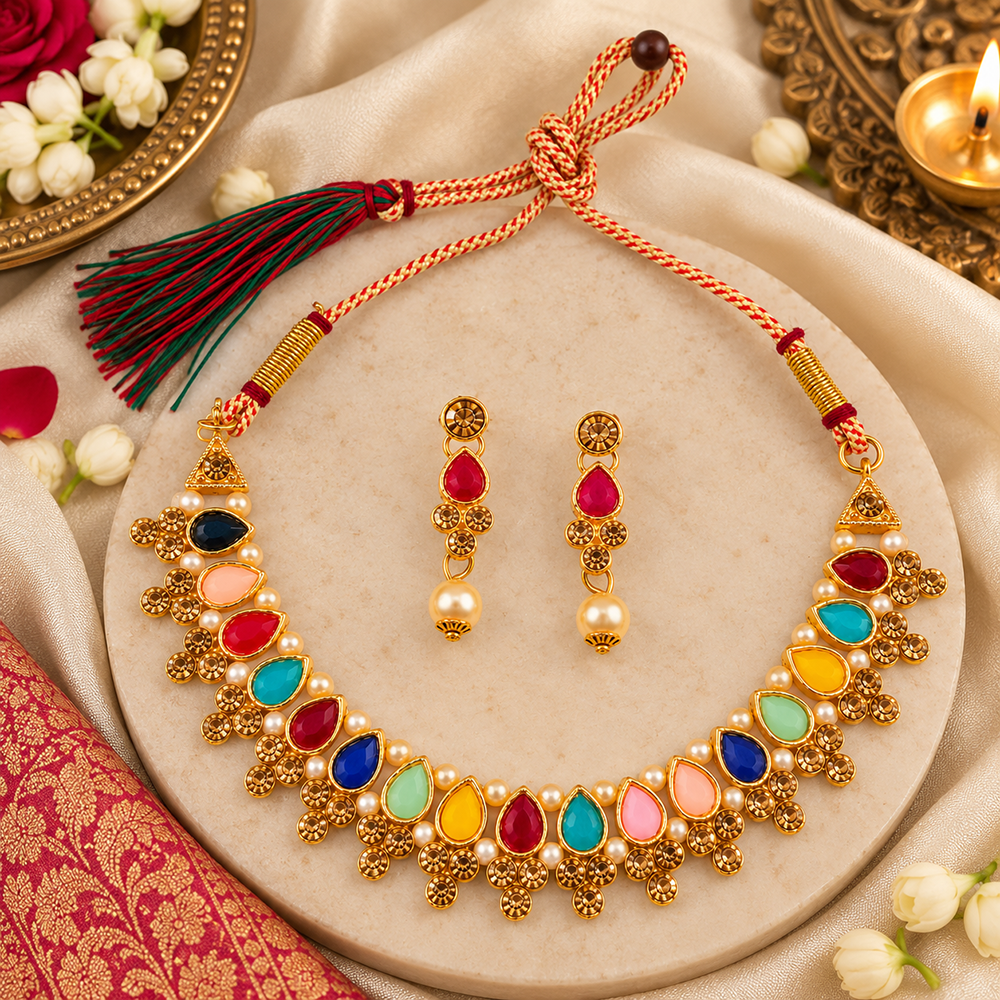 The99Jewel Gold Plated Pearl & Crystal Necklace Set for Women Traditional Jewellery 