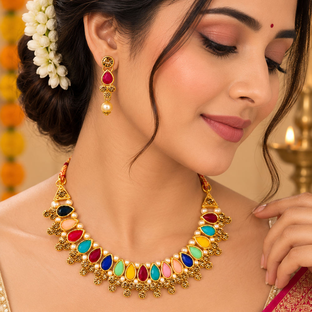 The99Jewel Gold Plated Pearl & Crystal Necklace Set for Women Traditional Jewellery