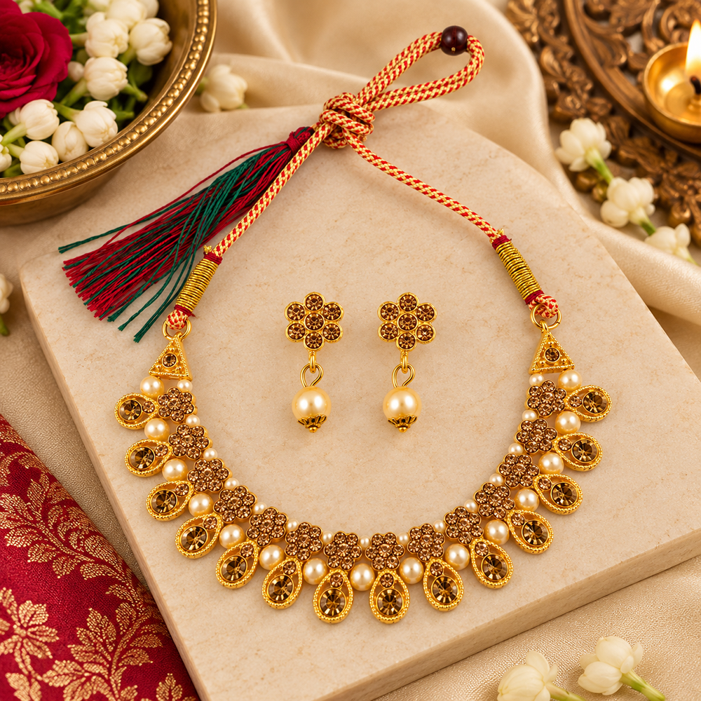The99Jewel Gold Plated Pearl & Crystal Necklace Set for Women Traditional Jewellery 