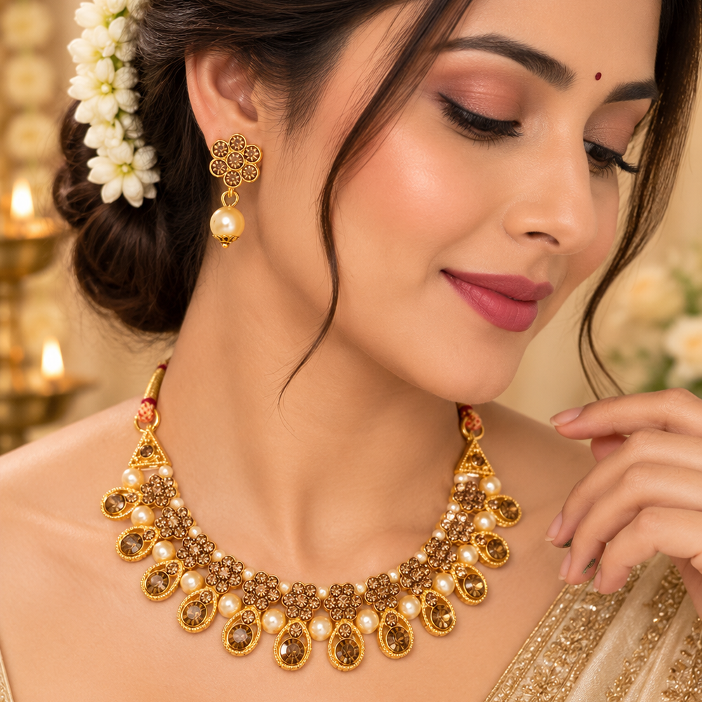 The99Jewel Gold Plated Pearl & Crystal Necklace Set for Women Traditional Jewellery
