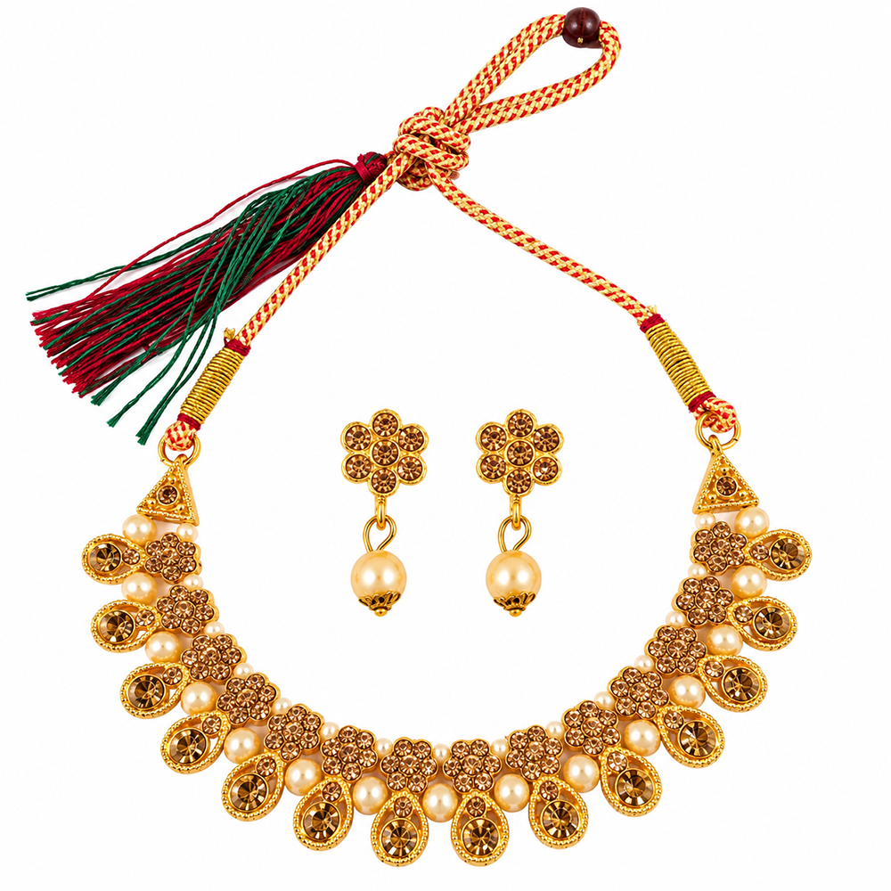 The99Jewel Gold Plated Pearl & Crystal Necklace Set for Women Traditional Jewellery