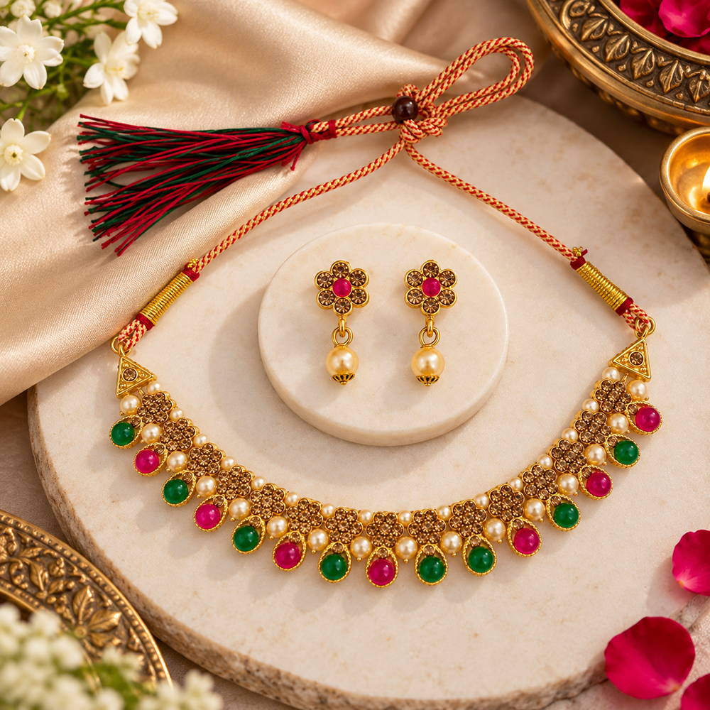 The99Jewel Gold Plated Pearl & Crystal Necklace Set for Women Traditional Jewellery 