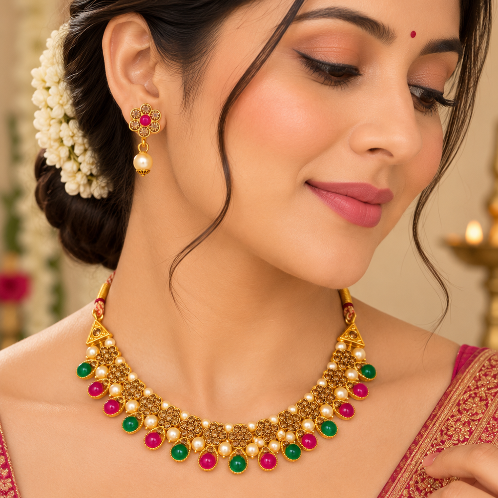 The99Jewel Gold Plated Pearl & Crystal Necklace Set for Women Traditional Jewellery