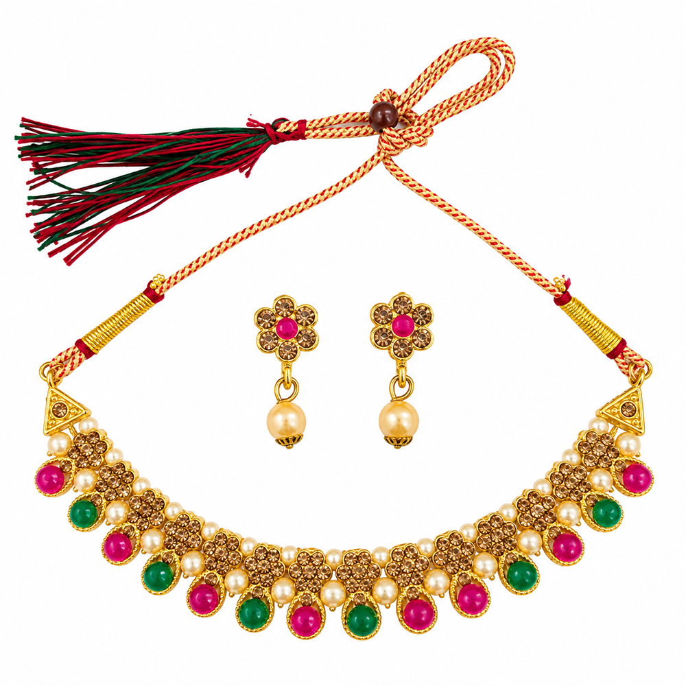 The99Jewel Gold Plated Pearl & Crystal Necklace Set for Women Traditional Jewellery