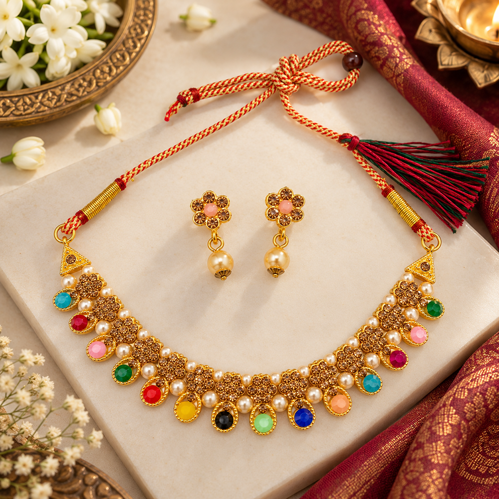 The99Jewel Gold Plated Pearl & Crystal Necklace Set for Women Traditional Jewellery 